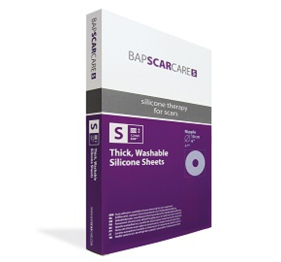 BapScarCare S, samolepilni silikonski pralni obliž za nego brazgotin (bradavica) 10cm premer /2 kosa
